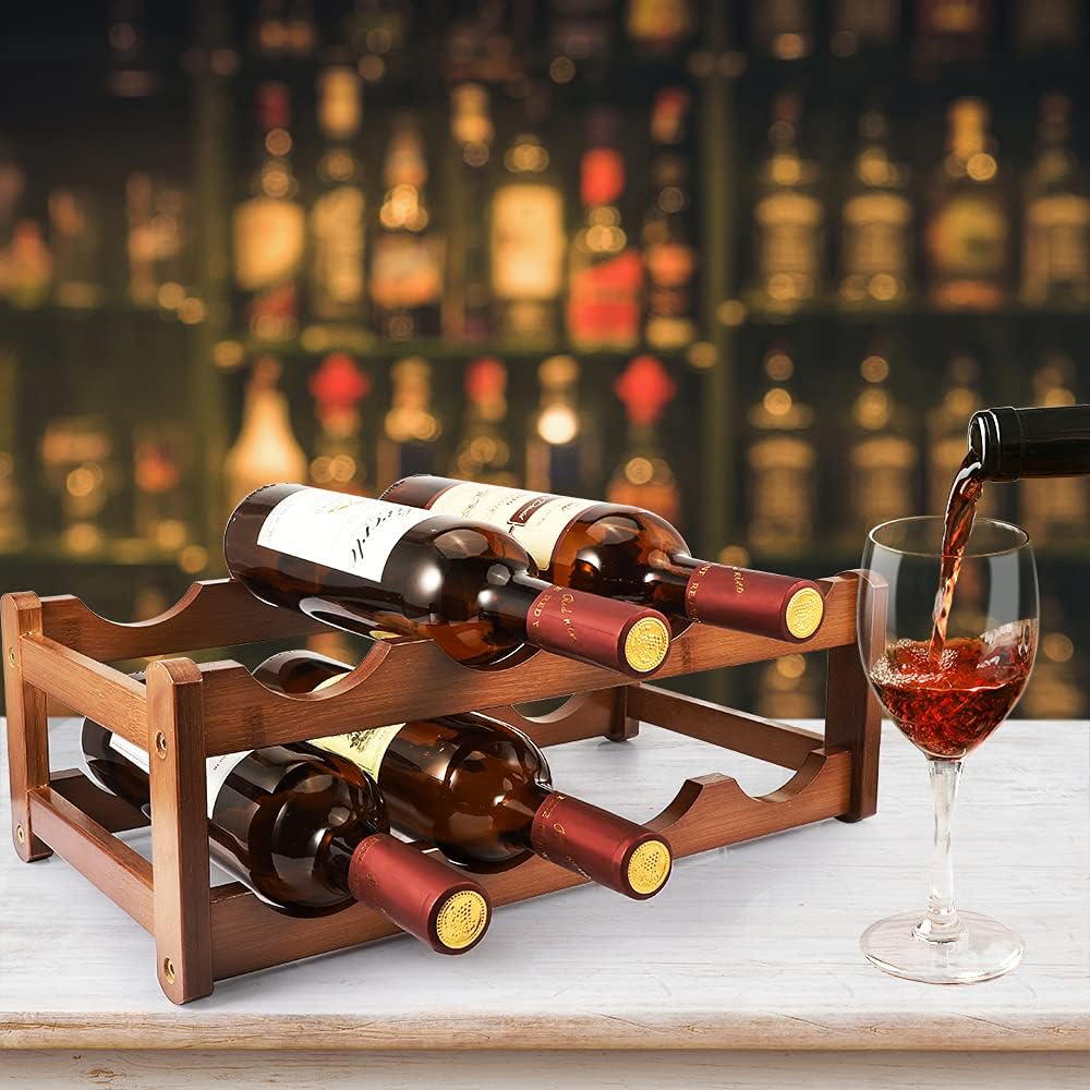 2-Tiers Wine Rack, 8-Bottles Bamboo Wine Stand Holder Wine Rack Countertop for Pantry, Kitchen, Bars, Wine Cellar — view 2